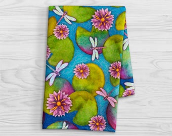 Dragonfly Water Lily Pond Dish Towel - Lotus Flower Lily Pad Kitchen Towel - Colorful Nature Themed Bathroom Hand Towel - Vibrant Tea Towel