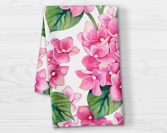 Pink Hydrangea Hand Towel: Watercolor Floral Kitchen and bathroom Decor