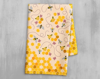 Honey Bee Spring & Summer Dish Towel - Honeycomb with Pink Flowers Tea Towel - Floral Print Kitchen Towel - Bumblebee Bathroom Hand Towel