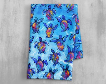 Sea Turtle Tea Towel - Kitchen Towel - Sea Life Bathroom Hand Towel - Colorful Baby Sea Turtle Print - Underwater Themed Dish Towel