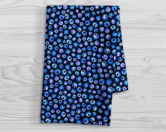 Blueberry Print Kitchen Towel - Fun Dish Towel - Gift For Foodie Tea Towel - Cute Berry Bathroom Hand Towel - Blueberries on Black