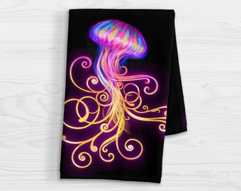 Jellyfish Kitchen Towel - Colorful Jelly Print Hand Towel - Underwater Decor - Vibrant Ocean Lover Tea Towel - Dish Towel - Sea Life Decor