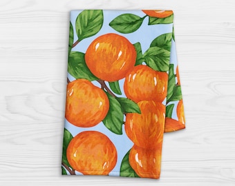 Orange Fruit Kitchen Towel - Colorful Citrus Fruit Hand Towel - Hand Painted Orange Tree Bathroom Hand Towel - Summer Orchard Tea Towel