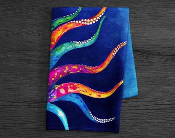 Octopus Kitchen Towel - Sea Life Tea Towel - Bathroom Hand Towel - Colorful Octopus Print - Hand Painted Tea Towel - Vibrant Dish Towel
