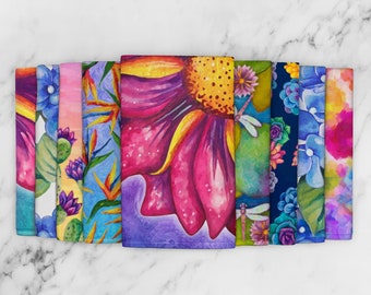 Colorful Flower Print Hand Towels - Vibrant Floral Kitchen Towels - Spring & Summer Dish Towels - Nature Lover Tea Towels - Hand Painted