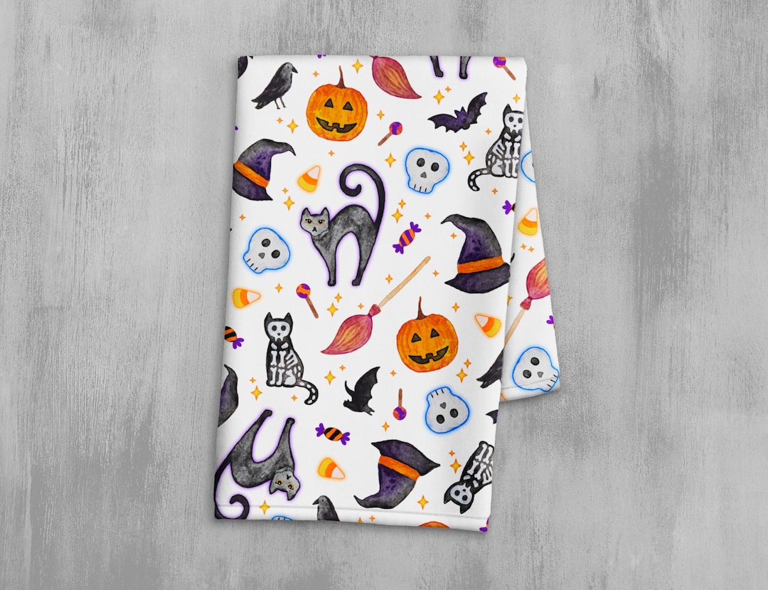 Fun Halloween Dish Towel Hand Painted Watercolor Fall Kitchen Towel