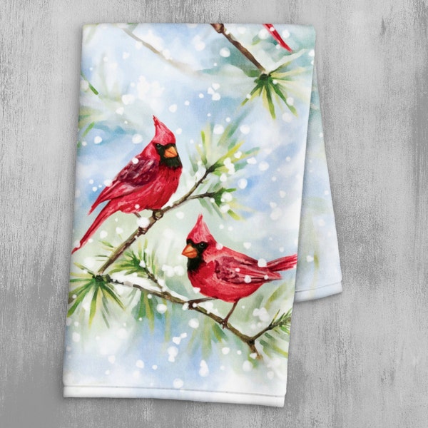 Red Cardinal Christmas Hand Towel - Winter Wonderland Kitchen Towel - Watercolor Snowy Pine Forest - Bird Lover Gift - Bathroom Hand Towel