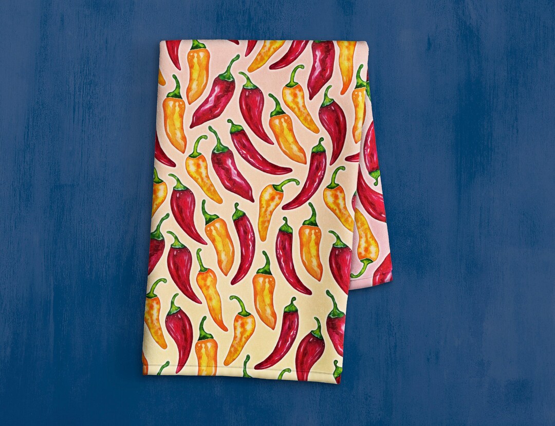 Fun Chili Pepper Kitchen Towel Hand Painted Hot Chili Dish Towel Foodie
