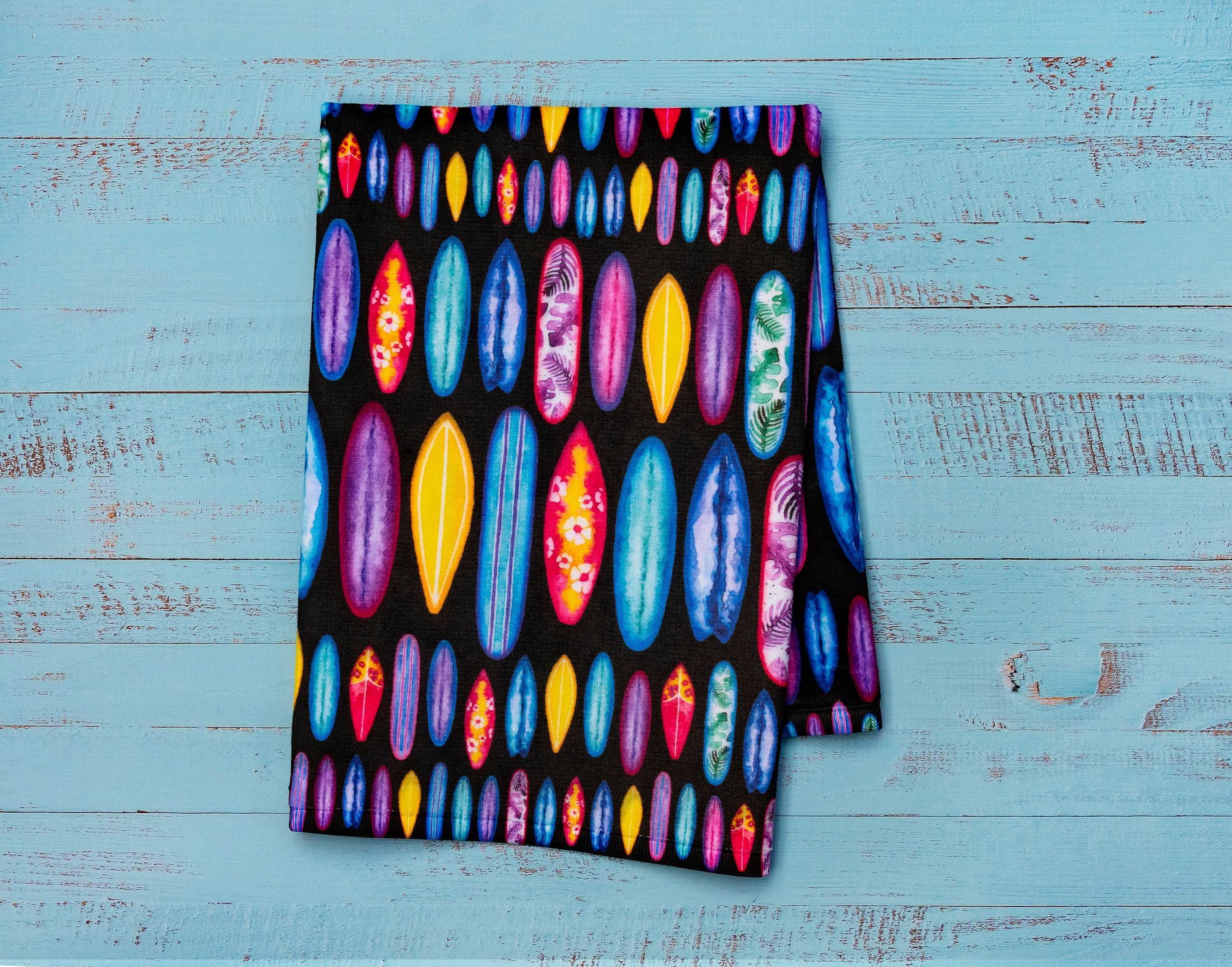 Watercolor Surfboard Hand Towel: Colorful Beach Decor Kitchen and Bathroom Towel