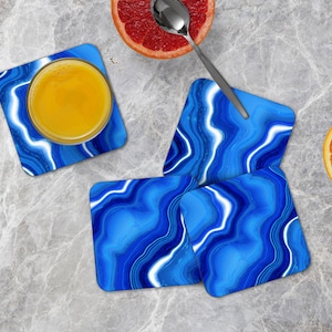Blue Marble Agate Cork Backed Coaster Set - Geode Crystal Decor