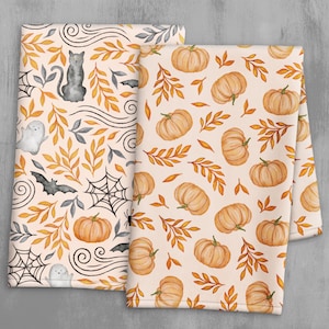 Handdoekenset herfst en halloween – pompoen, spook en zwarte kat griezelig seizoensdecor