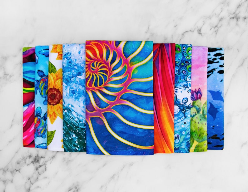 Colorful Hand Towels Sea Life & Nature Themed Dish Towels Vibrant Wildlife Kitchen Towels Beautiful Hand Painted Tea Towels image 1