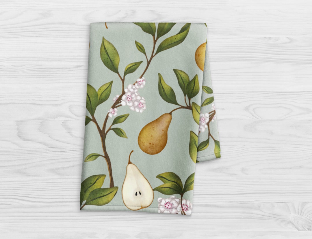 Pear Tree Kitchen Towel Pear Branch and Blossoms Hand Painted