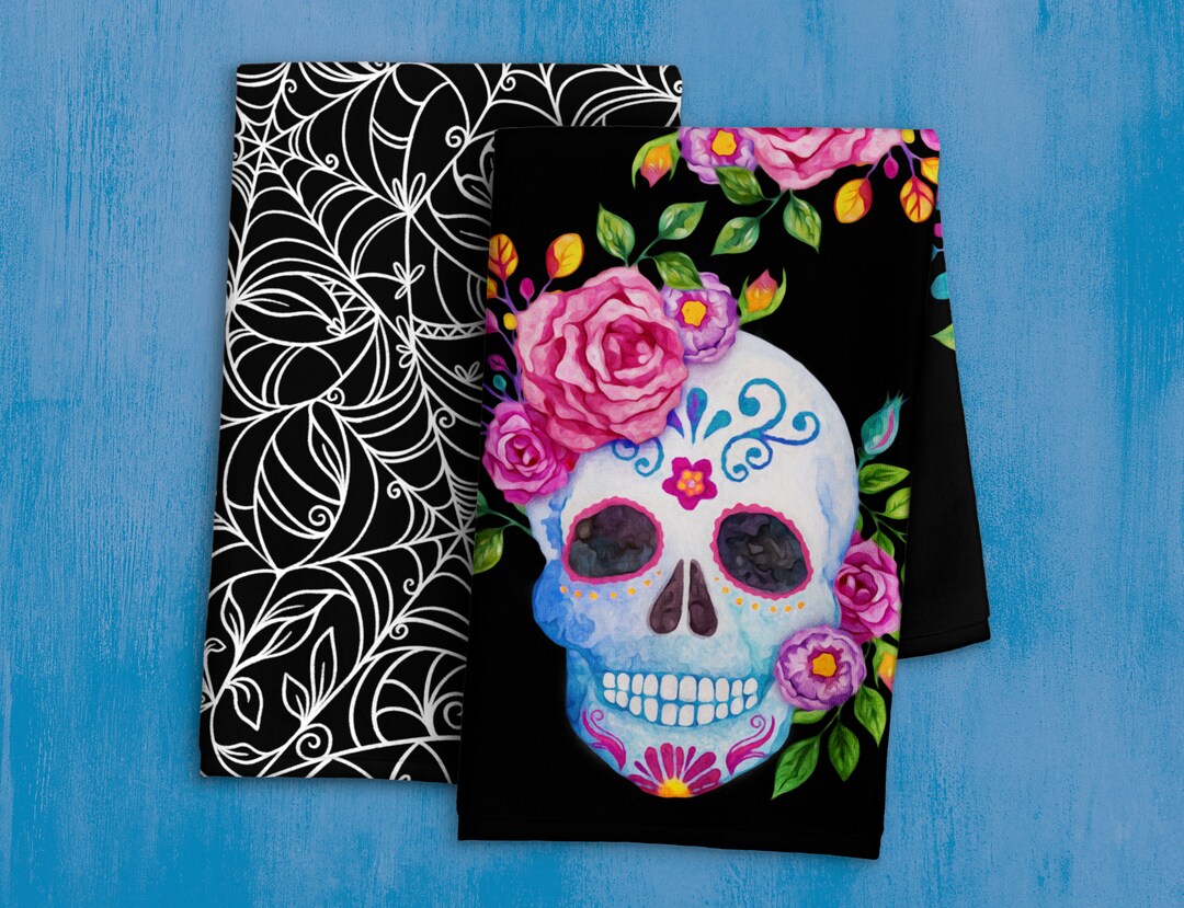 Day of the Dead Hand Towel Set – Sugar Skull & Spiderweb Design - Etsy