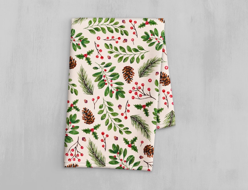 Christmas Decor Hand Towel Christmas Kitchen Towel Holiday Decor Christmas Holly Print Christmas Gift Bathroom Hand Towel image 1