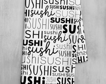 Asciugamano da cucina Sushi Lover - Stampa tipografica in bianco e nero - Arredamento per sushi bar