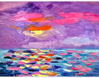 Ocean Sunset Original Painting: Abstract Florida Seascape, Colorful Wall Art