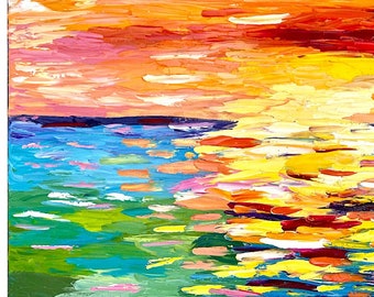 Abstract Ocean Sunset Original Painting: Texas Coastal Wall Art, Custom Prints on Canvas