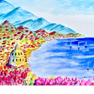 Italy Art Positano Print Amalfi Watercolor Painting Italy Coastal Decor Colorful Wall Art Travel Art Handmade Gift Artwork Gift for Her