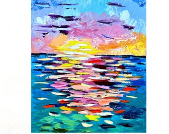 Emerald Water Sunset Painting: Abstract Ocean Art Print