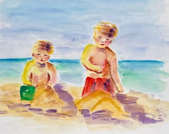 Custom Watercolor Painting Brothers Portrait: Kids Beach Life Art, Redhead Gift for Grandma