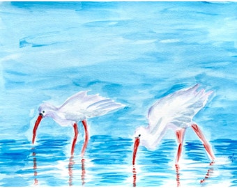 Beach Wall Art Ibis Bird Watercolor Painting; Florida Shorebird Art. Large Art Prints; Florida Seascape Beach Birds Ibis Wall Art
