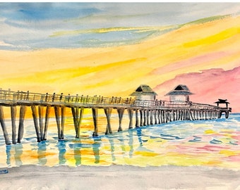 Sunset Art Florida Watercolor Painting Naples Pier Yellow Sunset Original Paintings or Beach Prints Sunset Large Wall Art by Marina Lounis