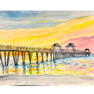 Sunset Art Florida aquarel schilderij Naples Pier gele zonsondergang originele schilderijen of strand prints zonsondergang grote muurkunst door Marina Lounis