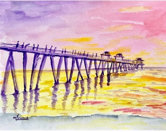 Naples Pier Watercolor Painting, Beach Florida Watercolor Pink Sunset Coastal Print on Canvas or Paper, Retirement Gift, Housewarming