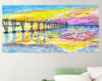 Florida Naples Pier Sunset Oil Painting: Original Impasto Art, Colorful Seascape Beach Art, Ocean Wall Art. Original Paintings, Prints