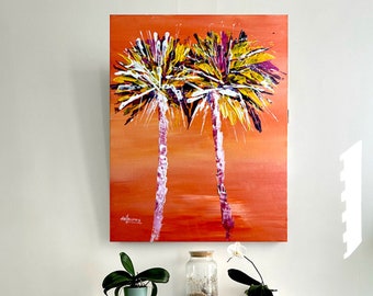 California Palm Tree Sunset Print: Coastal Abstract Painting