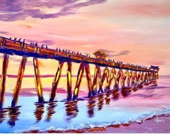 Naples Pier Print Beach Florida Canvas Purple Sunset Coastal Decor, Beach Art Canvas Tropical Print Canvas Sunset Marina Lounis Florida Art