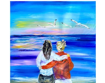 Best Friend Canvas Wall Art Two Sisters Beach Print, Mother Daughter Wall Art Meaningful gift for her California Original Painting or Prints