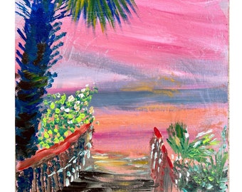Sunset Beach Wall Art Pink Florida Sunset Original Painting or Print on Canvas Coastal Wall Decor Tropical Sunset Colorful wall art