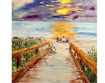 Beach Painting Florida Sunset Art Beach People Original Painting and Print on Canvas, Custom Portrait Family on the Beach Landscape Painting