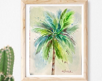 Watercolor Painting Palm Tree; Florida Tropical Green Decor. Palm Tree Original Painting or Prints: Coastal Modern Wall Art