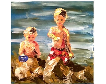 Custom Portrait Abstract Painting Florida Two Boys Wall Art Beach Life Brothers Family Portrait Painting Customized Housewarming Gift Art