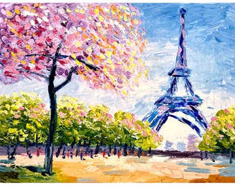 Paris Painting Original Oil Art Eiffel Tower Wall Art Cherry Blossom Wall Art Emily in Paris Wall Art Impasto Original Paintings and Prints