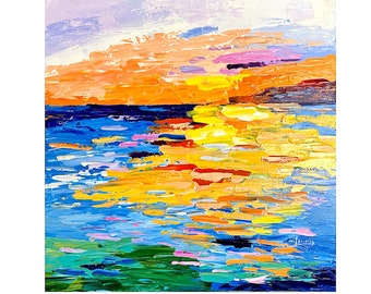 Abstract Painting Sunset Wall Art Ocean Print Florida Colorful Sunset Sea Original Painting, Canvas Prints Wall Art Commission Birthday Gift
