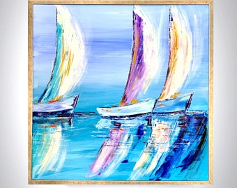 Colorful Boats, Abstract Seascape Original Painting: Coastal Sailboats Art, Malibu Beach Print