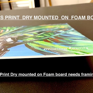 May include: A colorful abstract painting of green, blue, and black on a white canvas print. The print is dry mounted on a foam board. The text "CANVAS PRINT DRY MOUNTED ON FOAM BOARD" is printed at the top of the image.