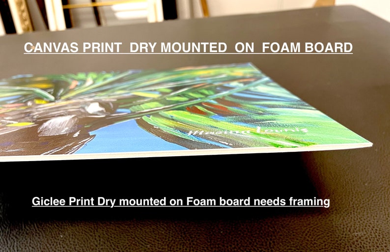 May include: A colorful abstract painting of green, blue, and black on a white canvas print. The print is dry mounted on a foam board. The text "CANVAS PRINT DRY MOUNTED ON FOAM BOARD" is printed at the top of the image.