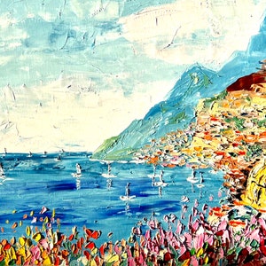 Mediterranean Art Positano Italy Painting Amalfi Coast Wall Art, Italy Coastal Decor Europe Landscape Painting Travel Original Art Prints