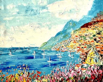 Mediterranean Art Positano Italy Painting Amalfi Coast Wall Art, Italy Coastal Decor Europe Landscape Painting Travel Original Art Prints
