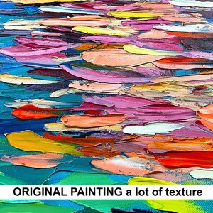 May include: Abstract painting with a lot of texture. The painting is made up of many different colors, including blue, green, yellow, orange, red, and pink. The paint is applied in thick strokes, creating a three-dimensional effect.