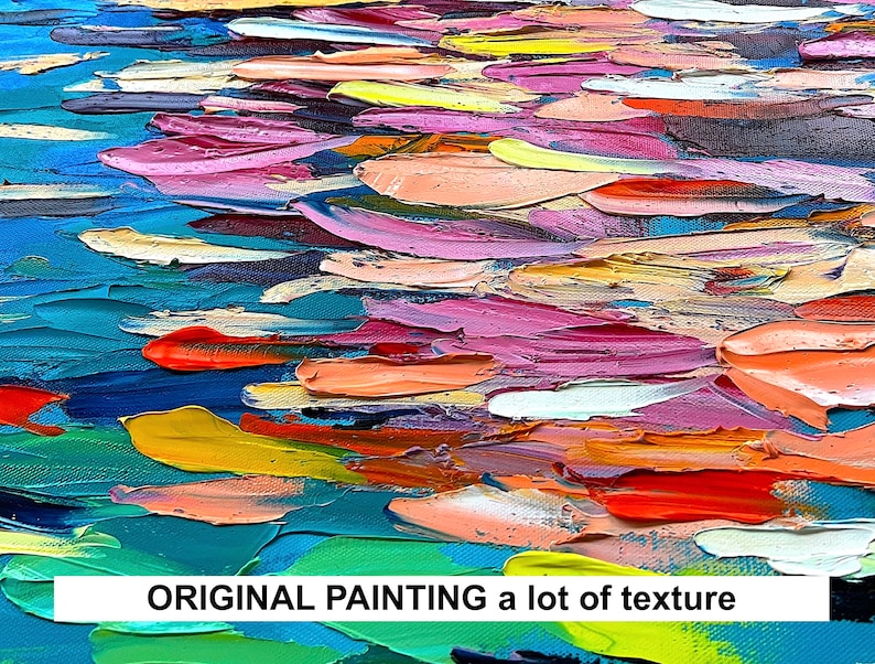 May include: Abstract painting with a lot of texture. The painting is made up of many different colors, including blue, green, yellow, orange, red, and pink. The paint is applied in thick strokes, creating a three-dimensional effect.