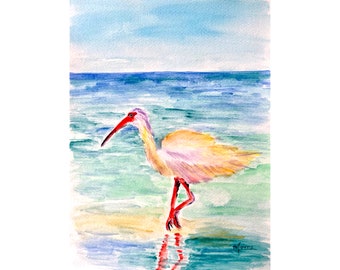 American White Ibis Watercolor Painting: Florida Seashore Bird Art Housewarming Gift for Mom, Original Paintings or Prints, Custom Frames
