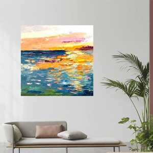 May include: Abstract painting of a sunset over the ocean. The sky is a mix of pink, orange, and yellow, and the water is a deep blue with streaks of yellow and orange. The painting is done in a thick, impasto style.