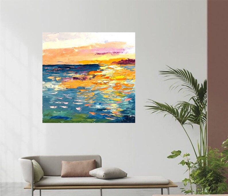 May include: Abstract painting of a sunset over the ocean. The sky is a mix of pink, orange, and yellow, and the water is a deep blue with streaks of yellow and orange. The painting is done in a thick, impasto style.