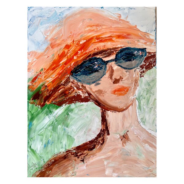 Beach Art Woman Beach Hat Original Paintings and Prints Ocean California Beach Art Summer Artwork Woman Orange Hat Wall Art